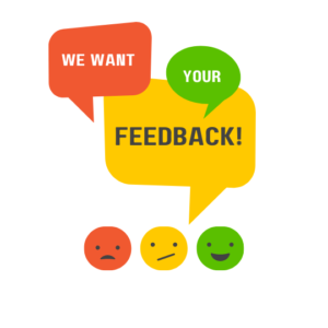 We want your feedback, satisfaction rating design with colorful emoticons
